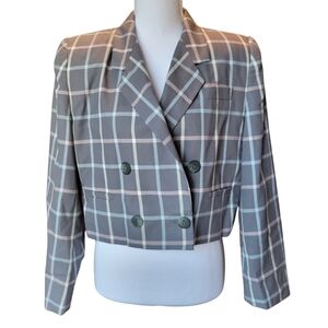 Vintage Illustrations Gray Plaid Double Breasted Cropped Blazer